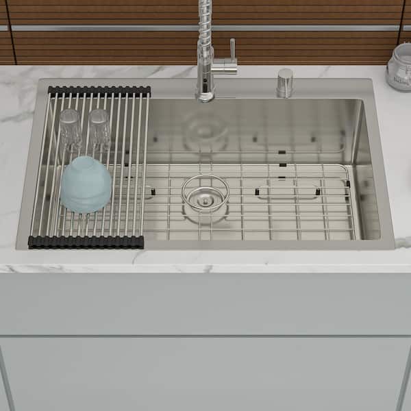 33 in. Drop-In Single Bowl 16 Gauge Brushed Nickel Stainless Steel Kitchen Sink with Bottom Grids
