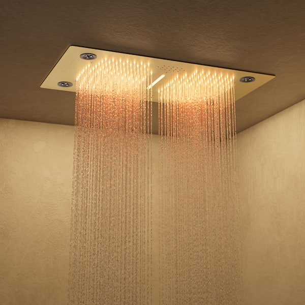 AuroraSymphony LED Bluetooth 6-Spray Ceiling Mount 28 and 10 in. Dual Showers 3-Jet Handheld 2.5 GPM in Brushed Gold