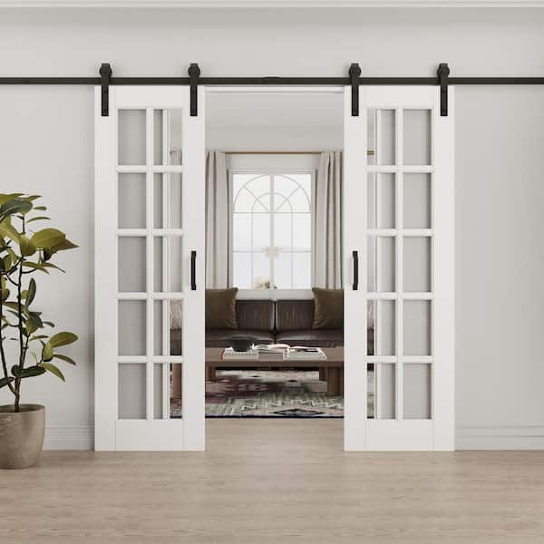 ARK DESIGN 48 in. x 80 in. 10-Lite Tempered Clear Glass White Primed MDF Composite Sliding Barn Door with Hardware Kit