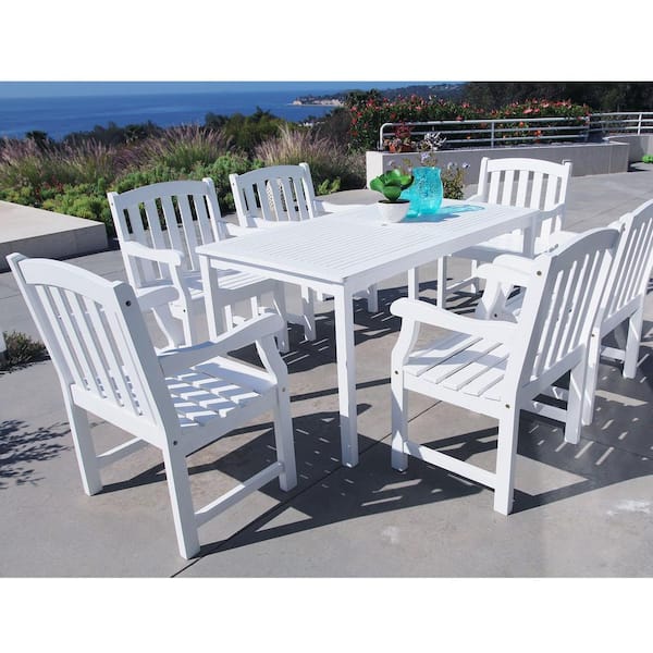 Vifah Bradley Acacia White 7-Piece Patio Dining Set with 32 in. W Table and Arched Slat-Back Armchairs