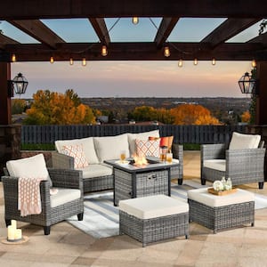 Saturn Gray 6-Piece Wicker Outdoor Patio Fire Pit Seating Sofa Set with Beige Cushions