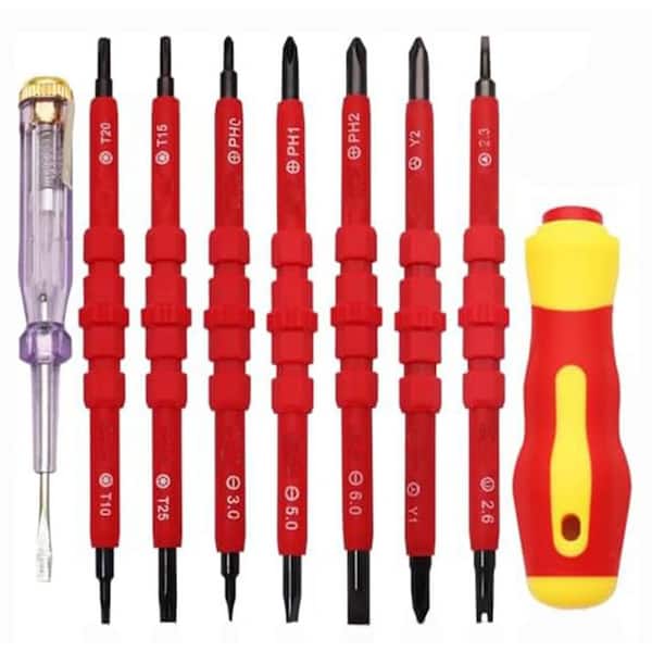 14 in. Shank 14 Bit Red Insulated Screwdriver Set 14-Piece Interchangeable Magnetic Tools Kit with Tester
