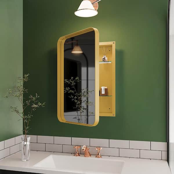 15.8 in. W x 23.6 in. H Recessed Rectangular Gold Metal Medicine Cabinet with Mirror