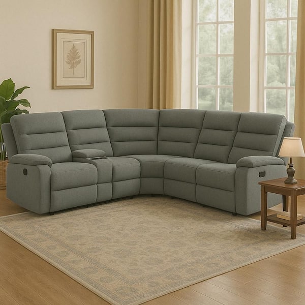 Benjara 63 in. Pillow Top Arm 3-Piece Fabric Upholstered L-Shape Manual Recliner Sectional Sofa in Smoke Gray with Dual AC/USB