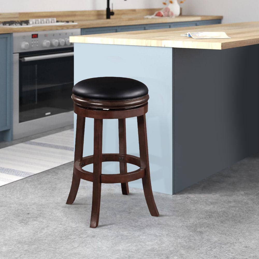Espresso Swivel Adjustable Backless Barstool in Faux Leather and Wood