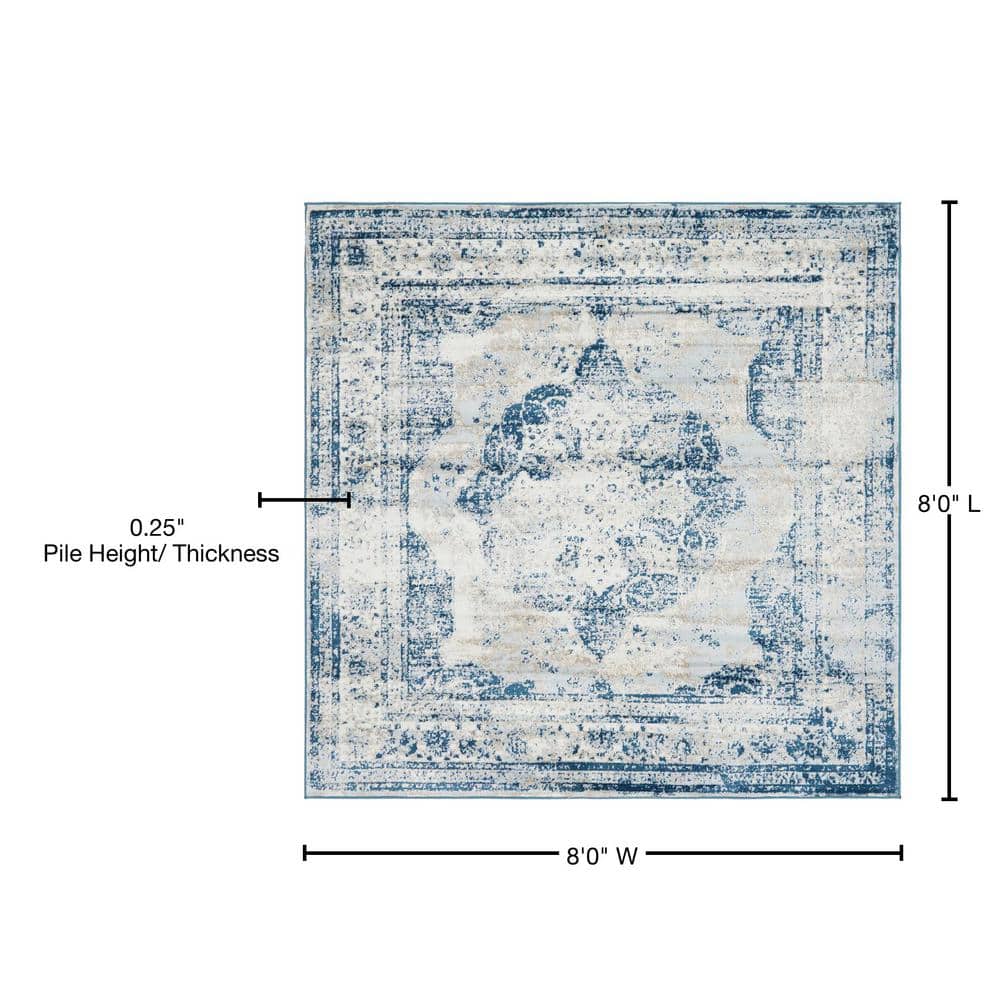 Sofia Medallion Square Stain-Resistant Easy Care Rug in Blue
