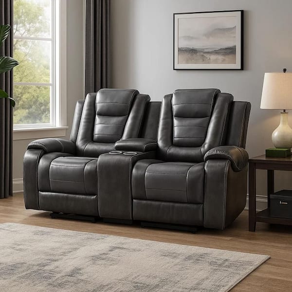 Benjara 76 in. Pillow Top Arm Faux Leather Rectangle Loveseat Recliner Sofa in. Gray