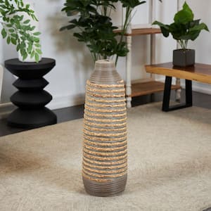 24 in. Brown Handmade Braided Seagrass Decorative Vase with Layered Gray Paneling