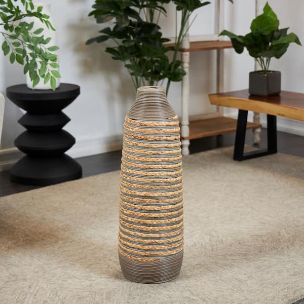 Litton Lane 24 in. Brown Handmade Braided Seagrass Decorative Vase with Layered Gray Paneling