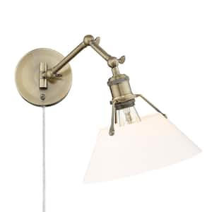 Orwell 1-Light Aged Brass and Opal Glass Plug-In or Hardwired Swing Arm Wall Lamp with 120 in. Cord