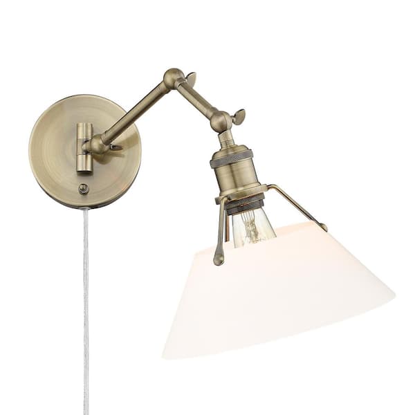 Golden Lighting Orwell 1- Light Aged Brass and Opal Glass Plug-In or Hardwired Swing Arm Wall Lamp with 120 in. Cord