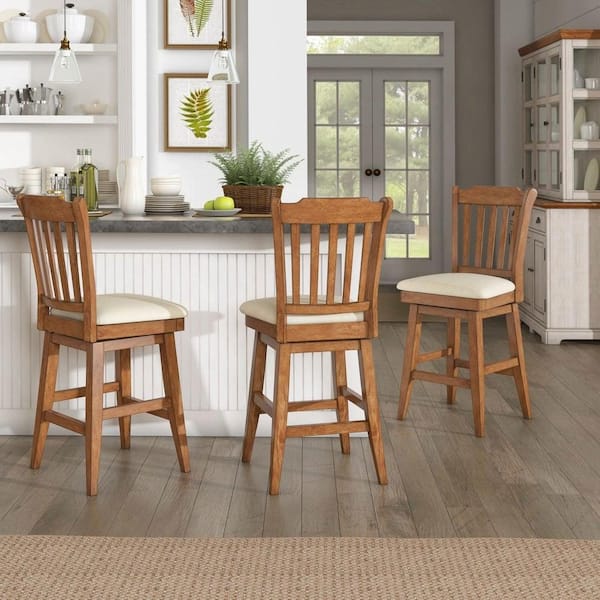 Oak Slat Back Bar Height Wood Swivel Bar Stool