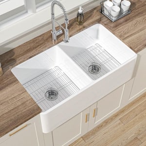 Farmhouse Kitchen Sink 33 in. Apron Front Double Bowl 50/50 White Fireclay Kitchen Sink with Bottom Grids Farm Sink