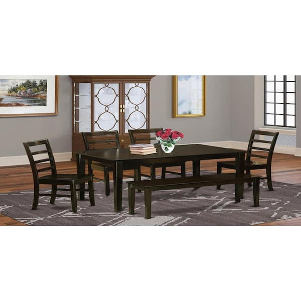 East West Furniture 6-Piece Rectangle Cappuccino Finish Solid Wood Top Dining Table with 1 Bench, 4 Chairs with Lattice Back
