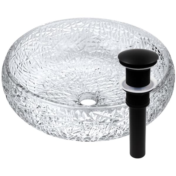 Diamante 16.5 in. Vessel Bathroom Sink Diamond in Clear Crystal Glass with Drain in Matte Black