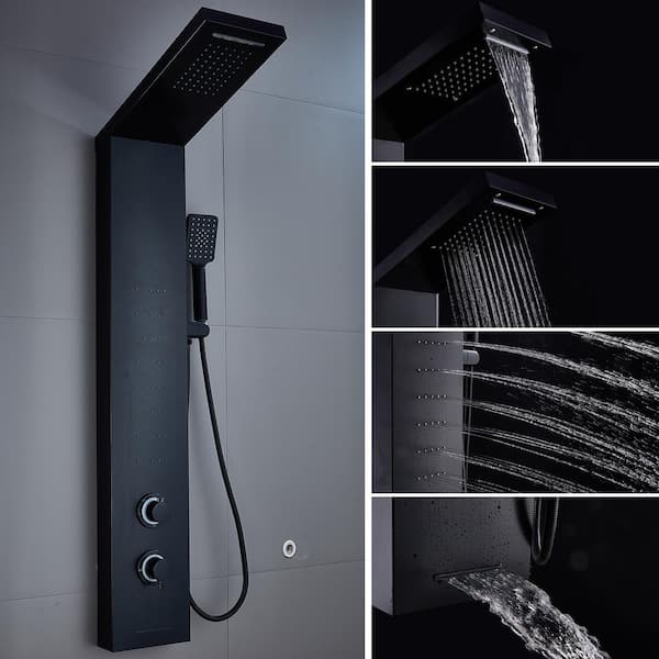 Brushed Black Shower Panel Tower LED Rainfall Waterfall Massage System Body Jet 