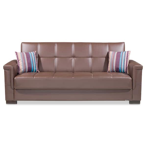 Ottomanson Basics Pro Collection Convertible 87 in. Brown Faux Leather 3-Seater Twin Sleeper Sofa Bed with Storage