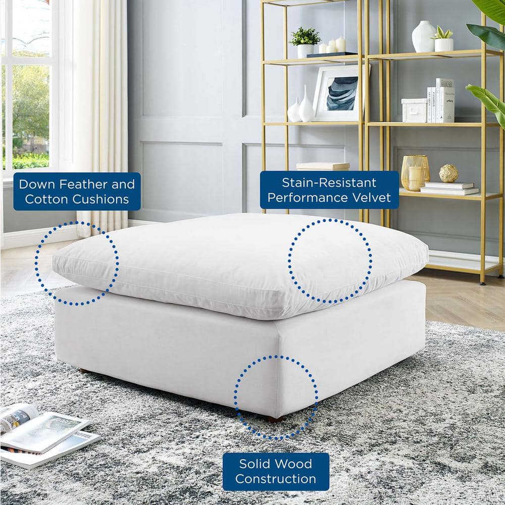 White Velvet Overstuffed Ottoman with Down Filled Cushions