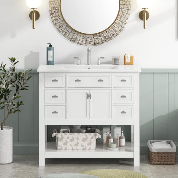 Staykiwi 36 in. W x 18 in. D x 34 in. H Single Sink Freestanding Bath Vanity in White with White Ceramic Top