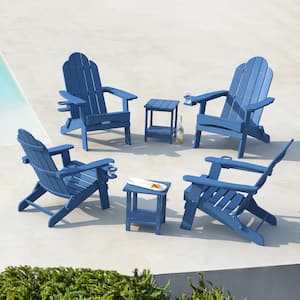 Miranda Pool Navy Blue Folding Recycled Plastic Outdoor Patio Adirondack Chair with Cup Holder for Firepit (Set of 4)