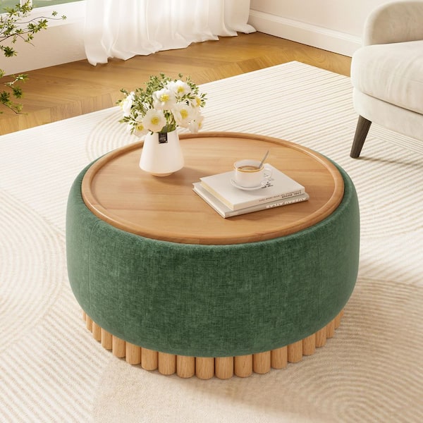 29 in. Green Boucle Fabric Round Storage Ottoman with Reversible Wood Lid, Modern Living Room Footrest/Coffee Table