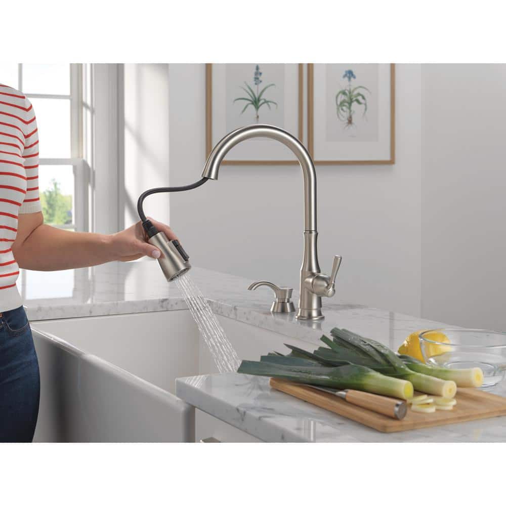 SpotShield Stainless Steel Pull-Down Kitchen Faucet with Soap Dispenser