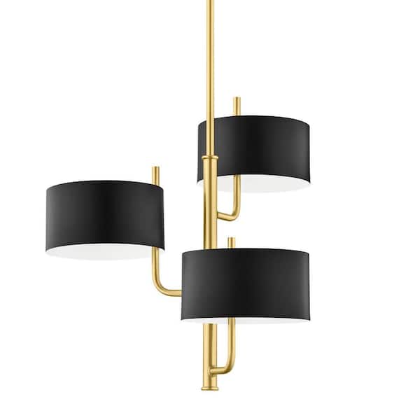 Home Decorators Collection Northampton 21 in. 3-Light 3 Shade Aged Brass Finish Chandelier with Matte Black Out and White Inside Metal Shade