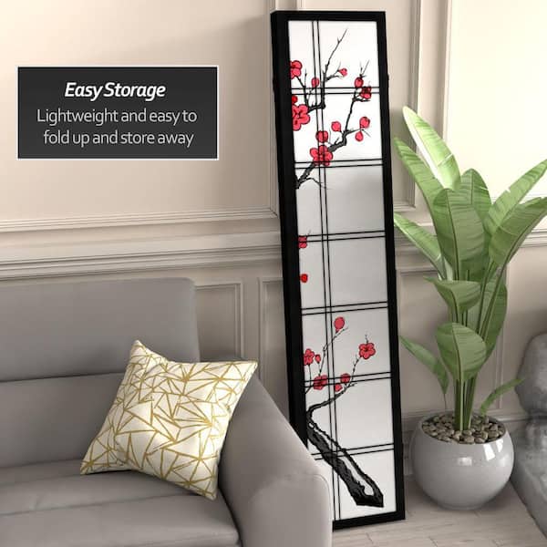 RED LANTERN 6 ft. Black Canvas Cherry Blossom 3-Panel Room Divider
