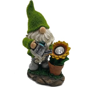 Solar 11 in. Bearded Grassy Flower Spotlight Gnome in Green/White