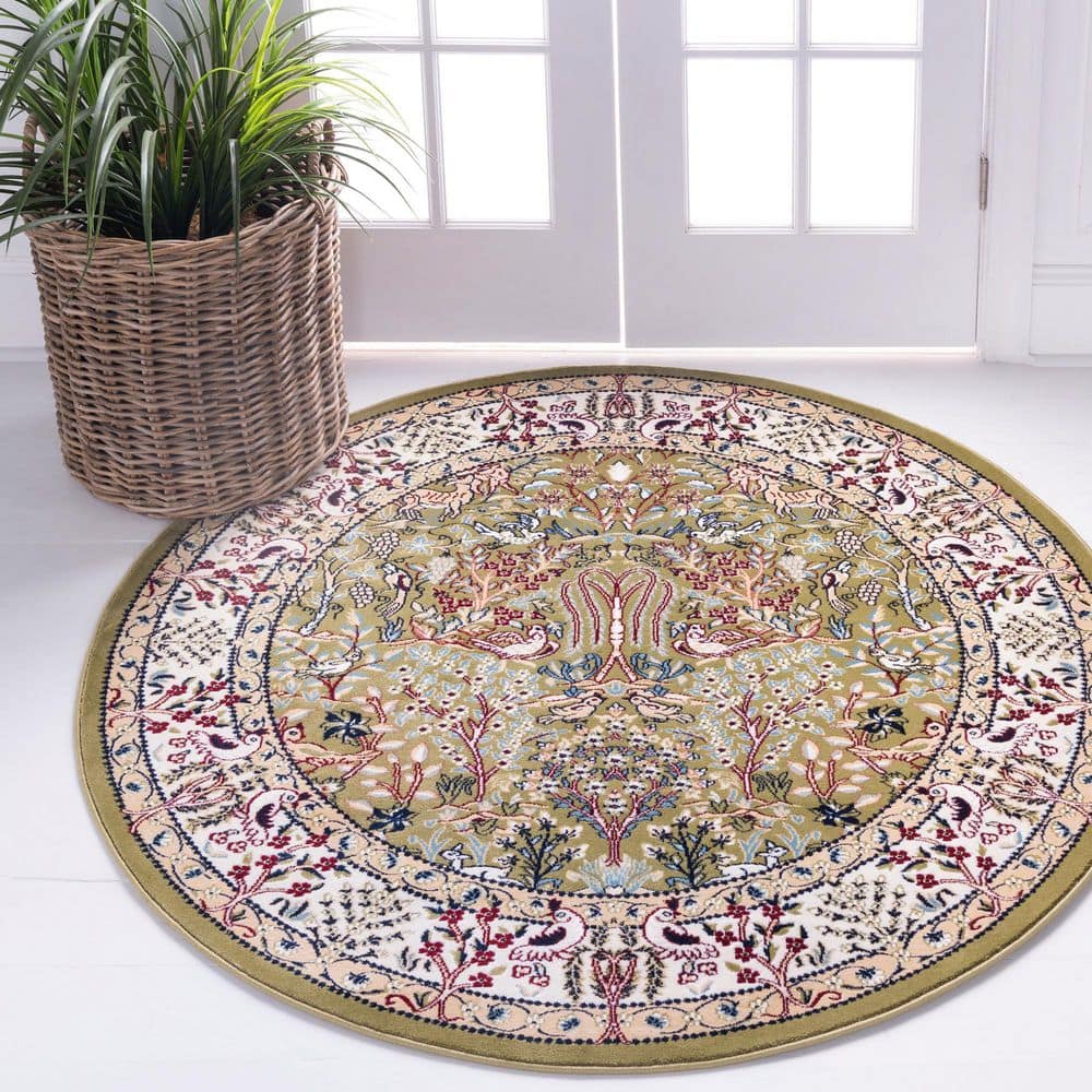 Green Round Stain-Resistant Synthetic Area Rug