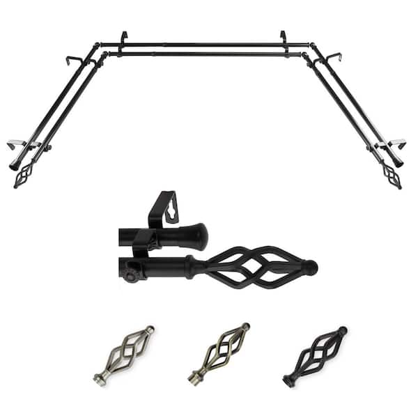 EMOH 13/16" Dia Adjustable 20"-36", 38"-72" Bay Window Double Curtain Rod with Cassandra Finials in Black
