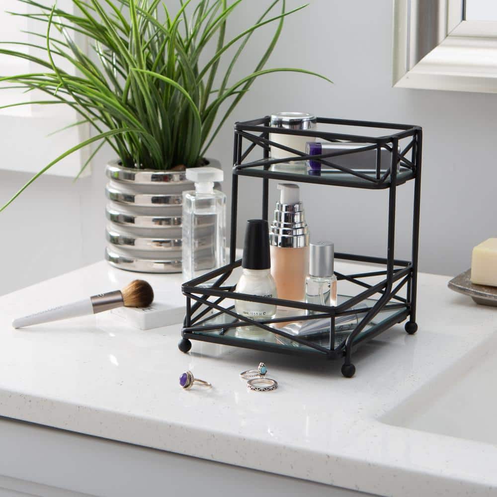 Matte Black 2-Tier Vanity Tower with Mirrored Base