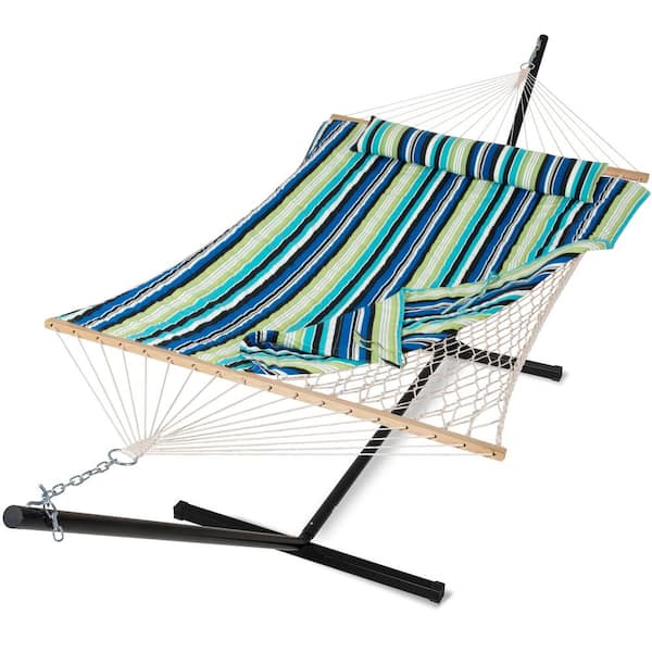 10 ft. x 12 ft. Quilted Rope Hammock and 12 ft. Steel Stand with Detachable Pillow, Green Stripes
