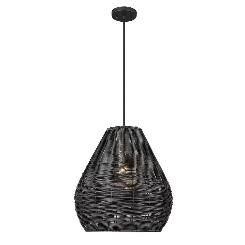 Matte Black Wicker and Glass Outdoor Pendant Light