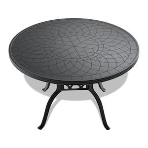 47.24 in. Black Cast Aluminum Patio Outdoor Dining Table with Carved Texture on the Tabletop