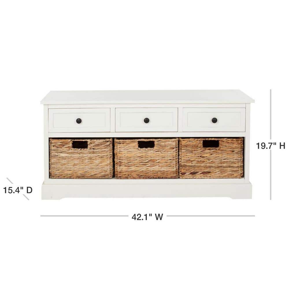 Distressed Cream Pine Storage Bench with 3 Drawers & Wicker Baskets