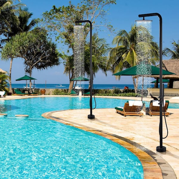 3-Handle Outdoor Freestanding Shower Faucet Kit 2 GPM Floor Mount Shower Kit with Hand Shower in Matte Black