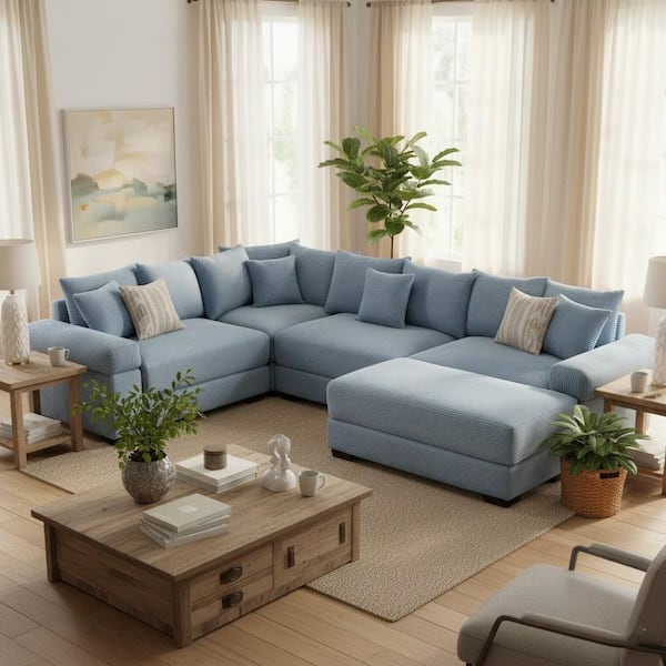 DDSMYS 116.9 in. Straight Arm 5-Piece Corduroy Modular Sectional Sofa with Ottoman and Ergonomic Design in Denim Blue