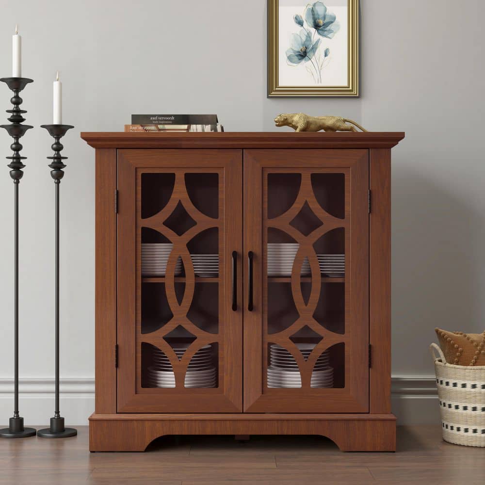 34.37 in. W Dark Oak MDF Sideboard Buffet with 2 Tempered Glass Doors Adjustable Shelf