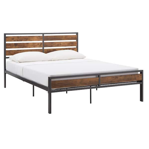 Brown Low Profile Metal Frame Queen Platform Bed with Wood Finish Panels