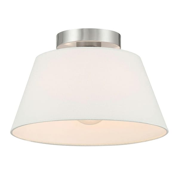 12 in. W x 7.5 in. H 1-Light Brushed Nickel Modern Semi-Flush Mount with White Linen Fabric Shade