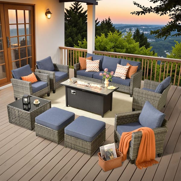 HOOOWOOO Scarlet 9-Piece Wicker Outdoor Fire Pit Patio Conversation Sofa Set with a Solar Lighted Table and Denim Blue Cushions