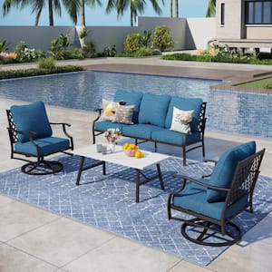 Metal 5 Seat 4-Piece Steel Outdoor Patio Conversation Set Peacock Blue Cushions, Swivel Chairs, Marble Pattern Table