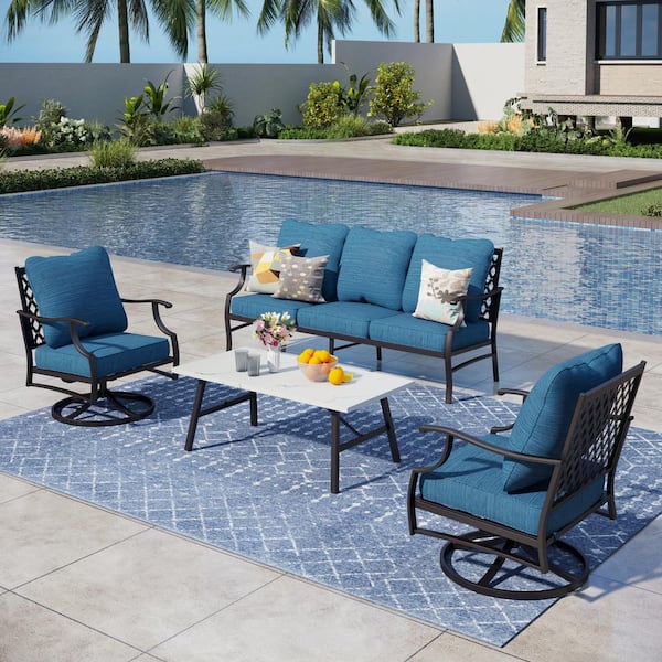 PHI VILLA Metal 5 Seat 4-Piece Steel Outdoor Patio Conversation Set Peacock Blue Cushions, Swivel Chairs, Marble Pattern Table