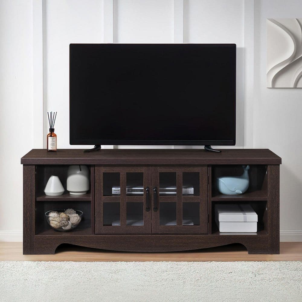 52.37 in. Dark Walnut Wood TV Stand with 1 Glass-Fronted Storage Cabinets Fits TV's up to 60 in. price history on PriceWatchPro