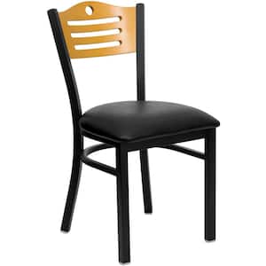 Hercules Series Black Slat Back Metal Restaurant Chair with Natural Wood Back, Black Vinyl Seat