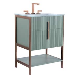 24 in. W x 18 in. D x 33.5 in. H Bath Vanity in Green with Glass Vanity Single Sink Top in White with Gold Hardware