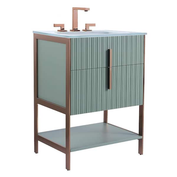 FINE FIXTURES 24 in. W x 18 in. D x 33.5 in. H Bath Vanity in Green with Glass Vanity Single Sink Top in White with Gold Hardware
