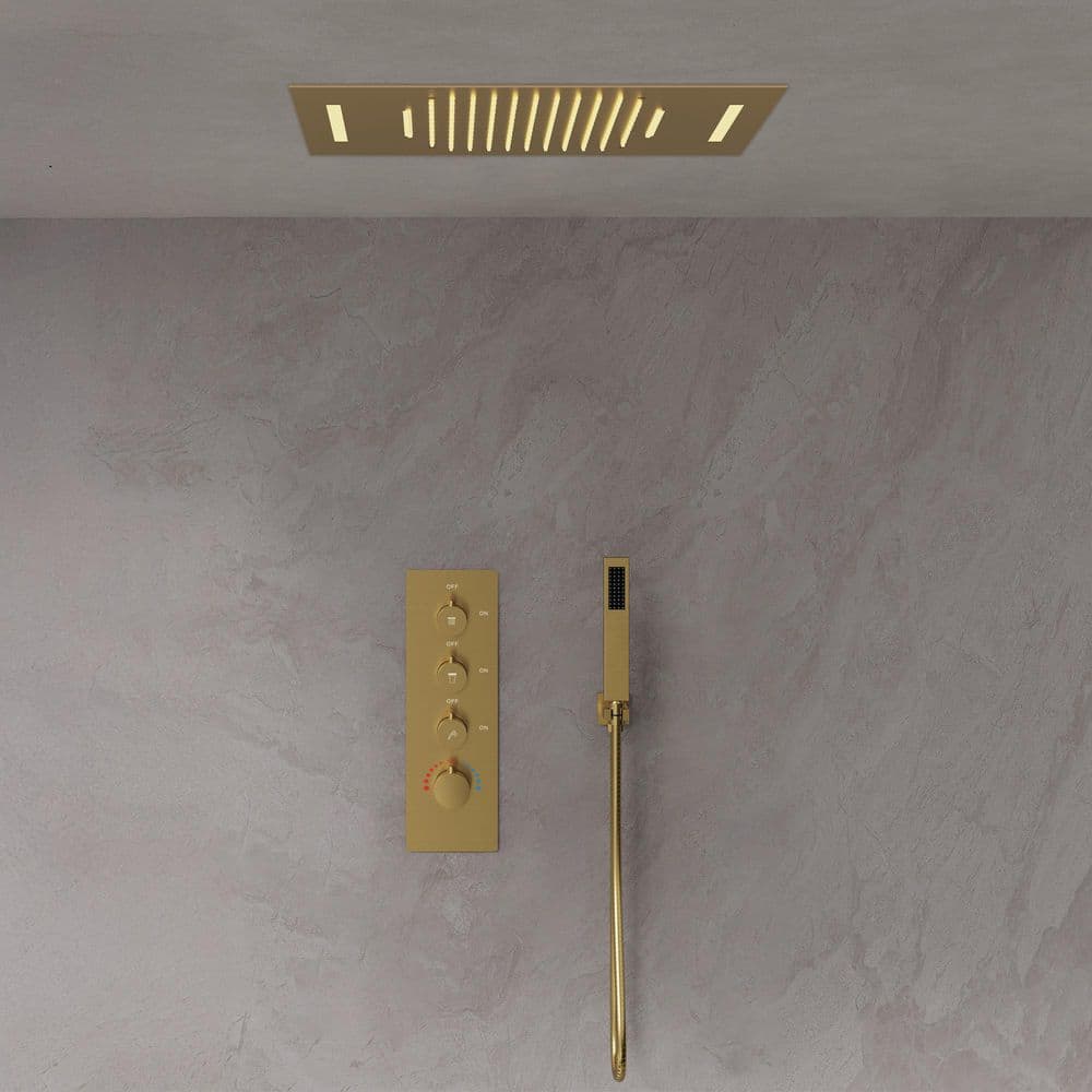 LED Thermostatic Quadruple Handle 7-Spray 23 x 15 in. Shower Faucets 2.5 GPM with Anti Scald, Waterfall in. Brushed Gold price history on PriceWatchPro