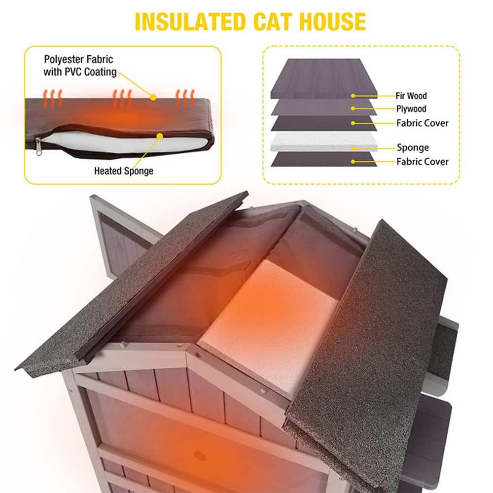 Two-Storey Gray Wooden Insulated Outdoor Cat House